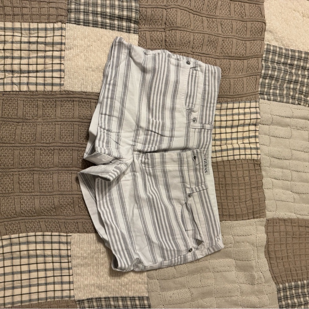 Guess White and Gray Striped Jean Shorts